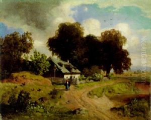 Landschaft Mit Einem Bauernhaus Und Figurlicher Staffage by Anton Hlavacek