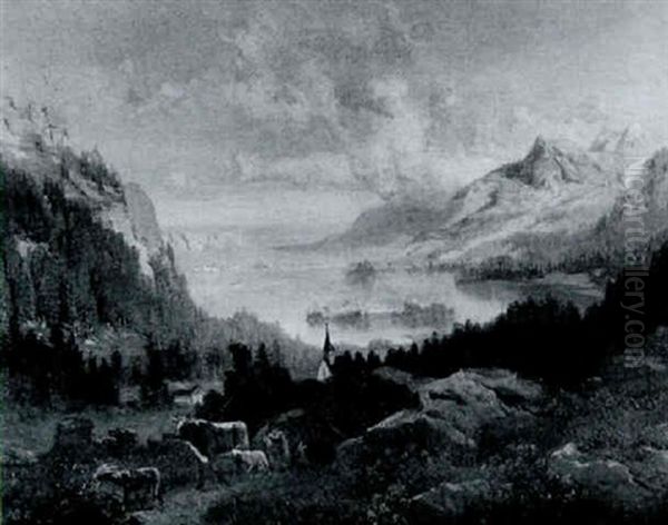 Gebirgige Seelandschaft Mit Figurlicher Staffage - view 1