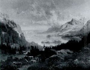 Gebirgige Seelandschaft Mit Figurlicher Staffage by Anton Hlavacek
