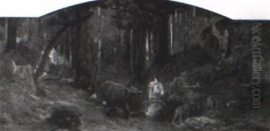 A Maiden Visited By A Bear And Two Wolves In The Woods by Anton Hlavacek