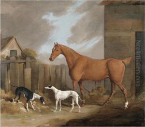 A Chestnut Hunter With Two Greyhounds In A Stable Yard by James Barenger