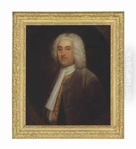 Portrait Of A Gentleman, Half-length, In A Brown Coat, Blue And Gold-embroidered Waistcoat And White Cravat, Feigned Oval
