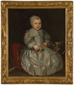 Portrait Of A Child In White Dress With A Dog