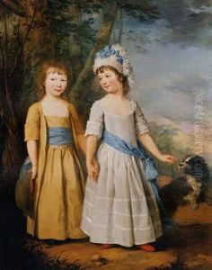 Double Portrait Of Elizabeth And Thomas Trower In A Landscape, With A Dog, He In Light Brown Robes, She In A White Dress And Hat With A Blue Ribbon