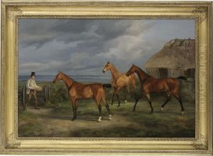 Three Hunters And A Groom In A Landscape, An Estuary Beyond Three Hunters And A Groom In A Landscape, An Estuary Beyond