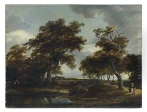 A Wooded River Landscape With Figures On A Path by Meindert Hobbema