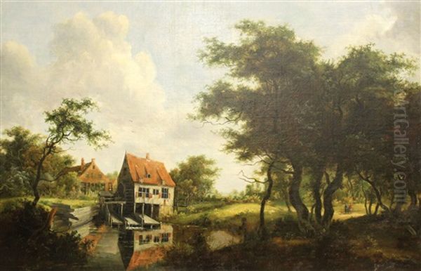 Landschaft Mit Wassermuhle, Die Im Wasser Reflektiert - view 1