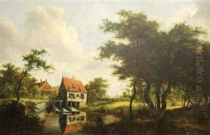 Landschaft Mit Wassermuhle, Die Im Wasser Reflektiert by Meindert Hobbema