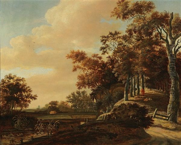A Wooded Landscape With A Shepherd And His Flock - view 1