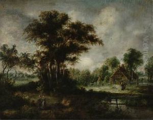 Landscape With Tall Trees And People Walking Along The River by Meindert Hobbema