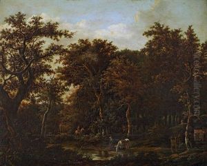 Paysage De Sous-bois Au Bord D'une Riviere Anime De Cavaliers