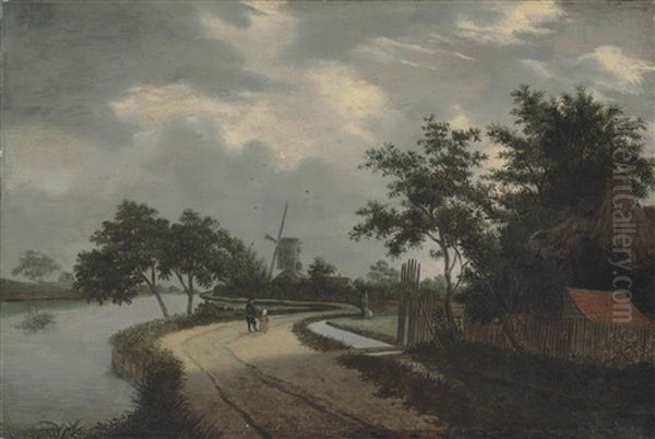 A River Landscape With Figures Conversing On A Path, A Windmill Beyond - view 1