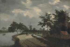 A River Landscape With Figures Conversing On A Path, A Windmill Beyond by Meindert Hobbema