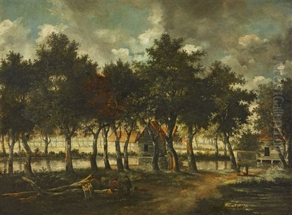 A Wooded Landscape With Houses By A Canal - view 1