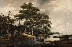Wooded Landscape With River by Meindert Hobbema