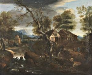 Paisagem Com Rio Casa E Figuras by Meindert Hobbema
