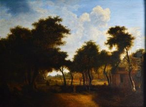 Figures By A Cottage In A Wooded Landscape by Meindert Hobbema
