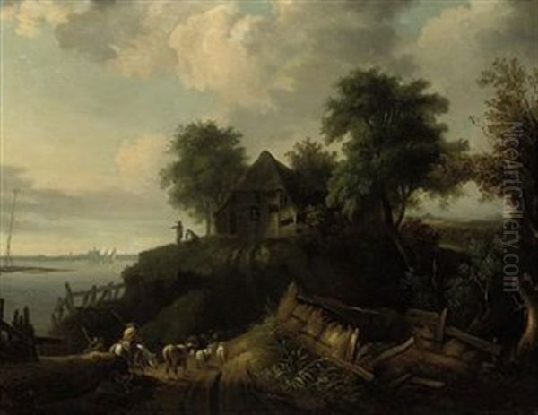 A River Landscape With A Herder On A Horse And Cattle On A Track, Figures By A Cottage Beyond - view 1