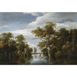 A Wooded Landscape With A Shepherd And His Flock Crossing A River by Meindert Hobbema