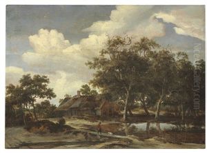 A Wooded Landscape With A Figure Crossing A Bridge A Wooded Landscape With A Figure Crossing A Bridge