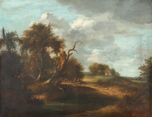 Bewaldete Flusslandschaft Mit Zwei Figuren - view 1