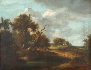 Bewaldete Flusslandschaft Mit Zwei Figuren by Meindert Hobbema