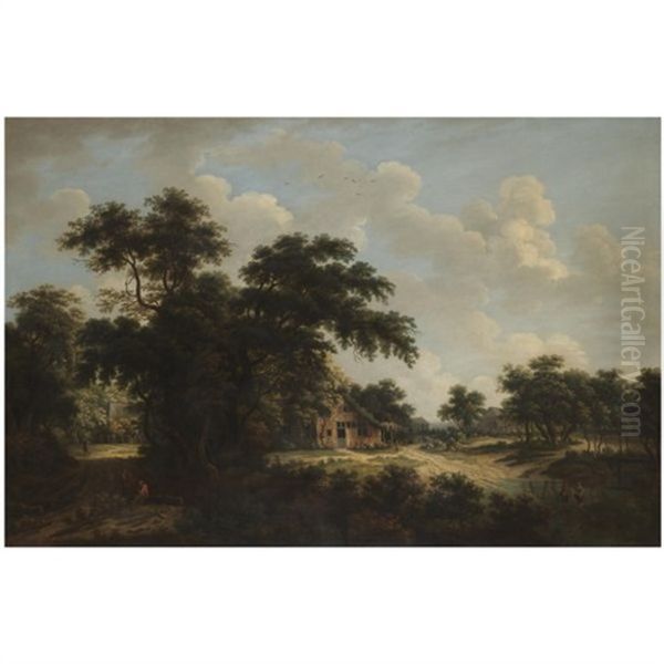 A Wooded Landscape With Figures Fording A Stream Near A Cottage - view 1