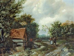 Waldlandschaft Mit Einer Hutte An Einem Bach, Einem Angler Und Reisenden