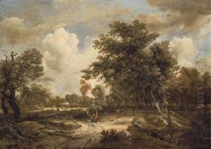 A Wooded Landscape With Peasants On A Path