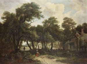 A Wooded Landscape With A Woman And Child On Path A Horseman Beyond A Wooded Landscape With A Woman And Child On Path A Horseman Beyond