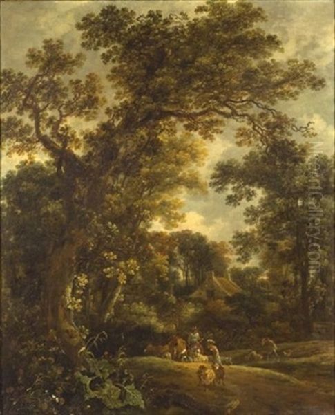 Woodland Clearing With Herders, Livestock And Cottage - view 1