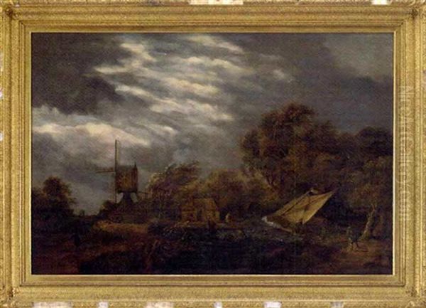 A River Landscape With A Boat In Stormy Waters With A Windmill, Fishermen And Figures On A Wooded Track - view 1