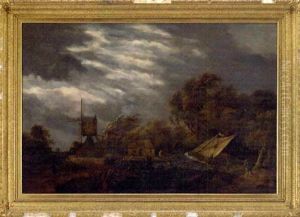 A River Landscape With A Boat In Stormy Waters With A Windmill, Fishermen And Figures On A Wooded Track by Meindert Hobbema