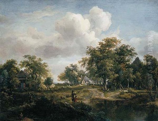 A Woodland Glade With Anglers By A Pool In The Foreground, Cottages Beyond - view 1