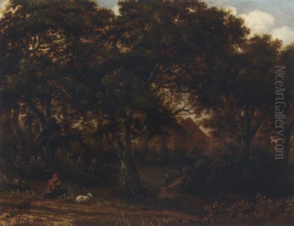 A Wooded Landscape With A Goatherd And His Flock - view 1