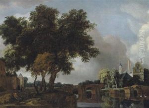 Fluslandschaft Mit Einer Steineren Bogenbrucke Und Einer Kirche by Meindert Hobbema