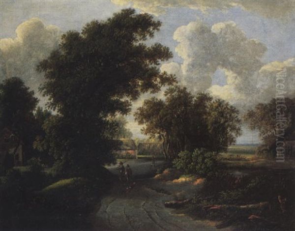 A Wooded Landscape With Trawvellers On A Path, A Cottage Beyond - view 1