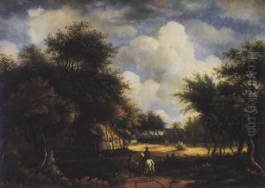 A Wooded Landscape With Travellers On A Path, A Cottage Beyond by Meindert Hobbema