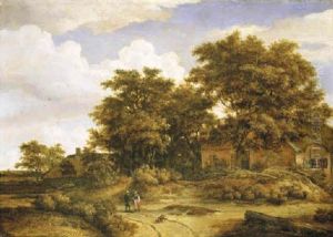 A Wooded Landscape With Figures Conversing On A Path, A Cottage Beneath Oak Trees Beyond by Meindert Hobbema