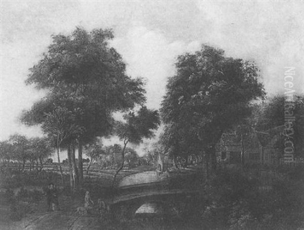 A River Landscape With Figures In The Foreground, A Bridge To Their Left And A Watermill Behind - view 1