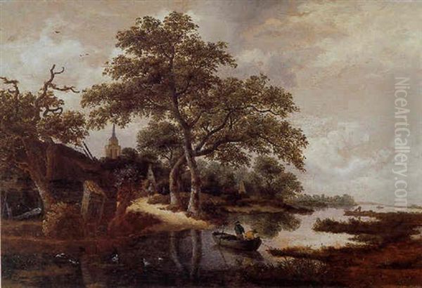 A Wooded River Landscape With Fishermen In A Rowing Boat By A Village - view 1