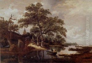 A Wooded River Landscape With Fishermen In A Rowing Boat By A Village