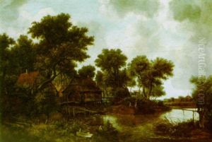 A Wooded Landscape With A Water Mill And Fishermen By A Stream by Meindert Hobbema