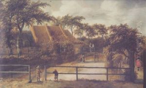 A View Of A Fish Pond With Boys Fishing On A Bridge, Man Walking On A Path, A Washerwoman And A Couple On A Bridge By A House