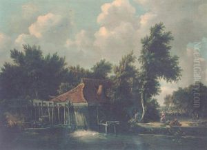 Figures Near A Mill by Meindert Hobbema