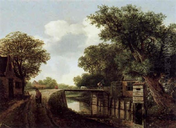 Bewaldete Fluslandschaft Mit Einer Brucke Und Reisenden - view 1