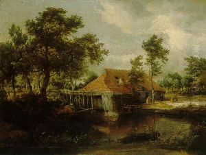 A Watermill Set In A Bosky Landscape by Meindert Hobbema