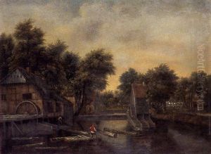 Baumreiche Landschaft Mit Muhlen, Im Vordergrund Floser by Meindert Hobbema