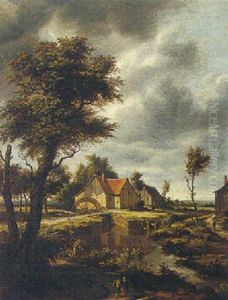 A Wooded River Landscape With A Watermill by Meindert Hobbema