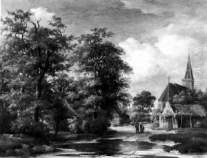 Wooded Landcape With A Church Near A Pond by Meindert Hobbema